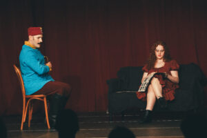 Santiago Arca Henon performing as "The Count", in the scene "The Actress and the Count", from La Ronde, an avant-garde play published in 1900 by Austrian playwright Arthur Schnitzler. The Count is a Captain of Dragoons of the Austro-Hungarian empire (KuK Dragoner). Warsaw, June 2024. As part of the Weekend Acting School for Adults, of the Akademia Sztuki i Kultury.