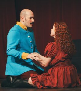 Santiago Arca Henon performing as "The Count", in the scene "The Actress and the Count", from La Ronde, an avant-garde play published in 1900 by Austrian playwright Arthur Schnitzler. The Count is a Captain of Dragoons of the Austro-Hungarian empire (KuK Dragoner). Warsaw, June 2024. As part of the Weekend Acting School for Adults, of the Akademia Sztuki i Kultury.